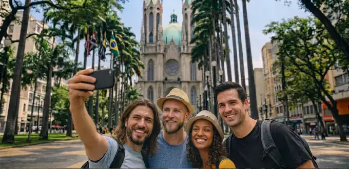 Turistas tomándose una selfie frente a la Catedral da Sé, uno de los principales atractivos de São Paulo, Brasil.