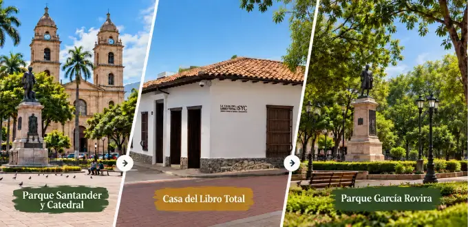 Parque Santander, Casa del Libro Total y Parque García Rovira en Bucaramanga, Colombia.