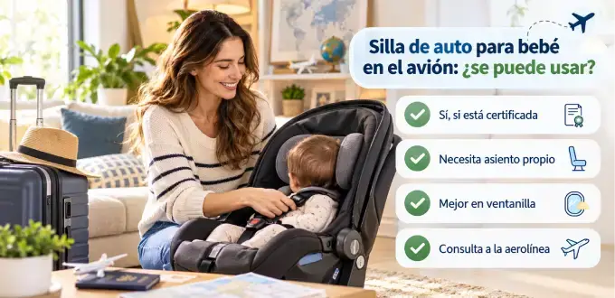 Madre junto a su bebé en silla de auto, con recomendaciones para usar una silla infantil certificada durante un vuelo.
