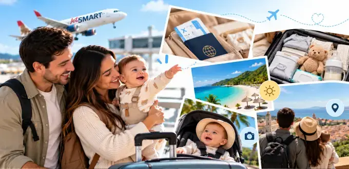 Familia con bebé prepara su viaje en avión JetSMART, con equipaje, documentos y artículos esenciales para sus vacaciones.