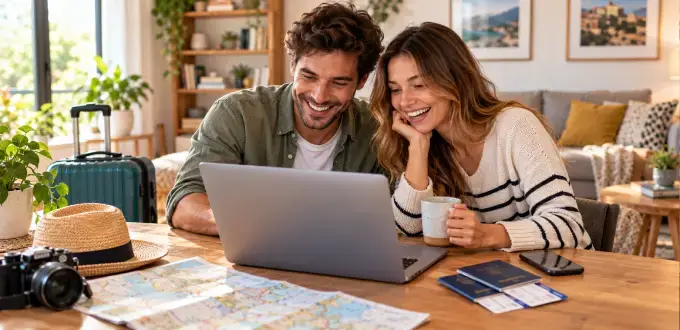 Pareja sonriente planifica sus vacaciones desde casa con un computador portátil, pasaportes, pasajes y mapa de viaje.