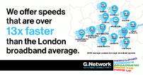 Graphic showing the average broadband speeds in London Boroughs and text 'We offer speeds that are over 13x faster than the London broadband average'