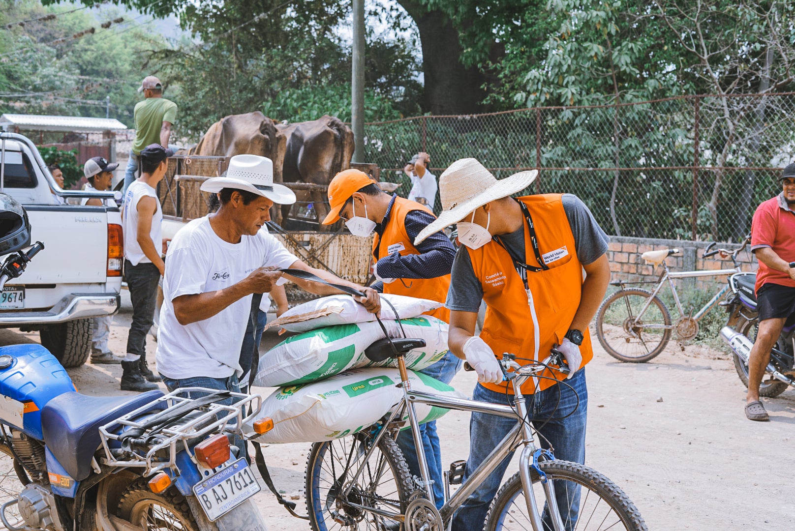 Food kits tied on bikes