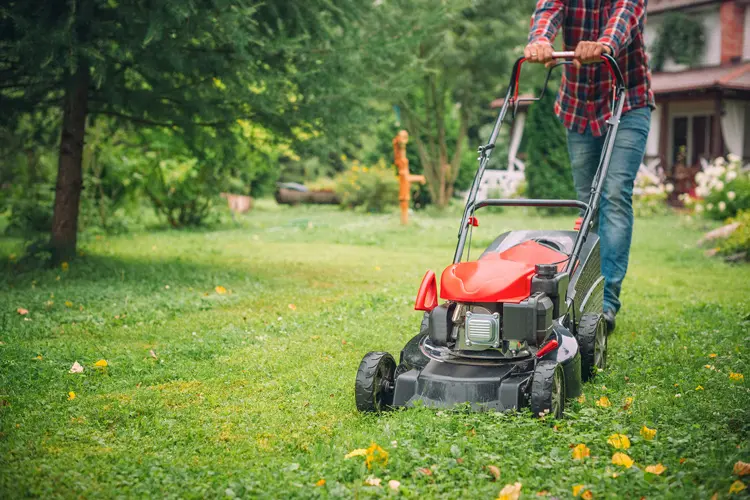 Man using a lawnmower in his back yard. If a Neighbor's Lawnmower Kicks up a Rock and Shatters Your Windshield, Who's Responsible?