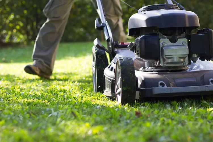 Lawnmower mowing grass in garden. If a Neighbor's Lawnmower Kicks up a Rock and Shatters Your Windshield, Who's Responsible?