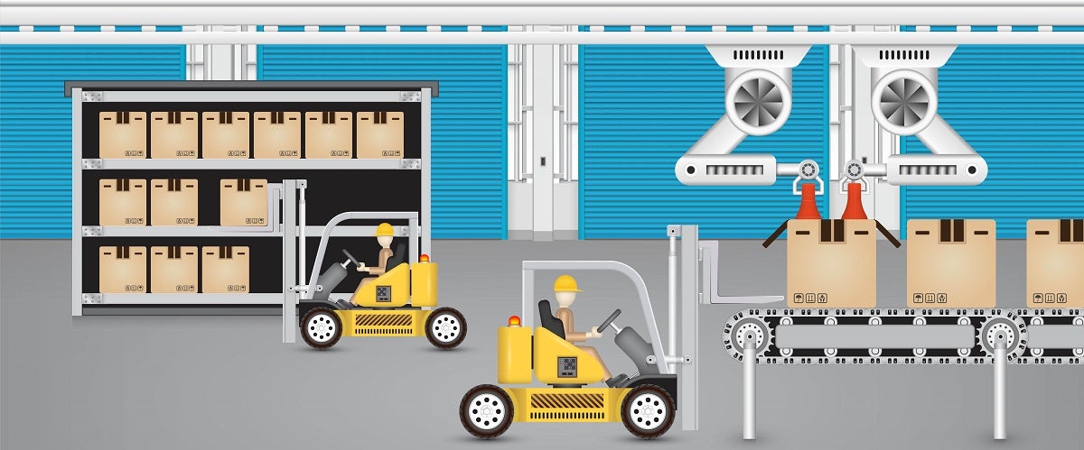 Graphic of employees moving products from stock to a conveyor belt, meant to represent a decoupling point or a stock buffer.