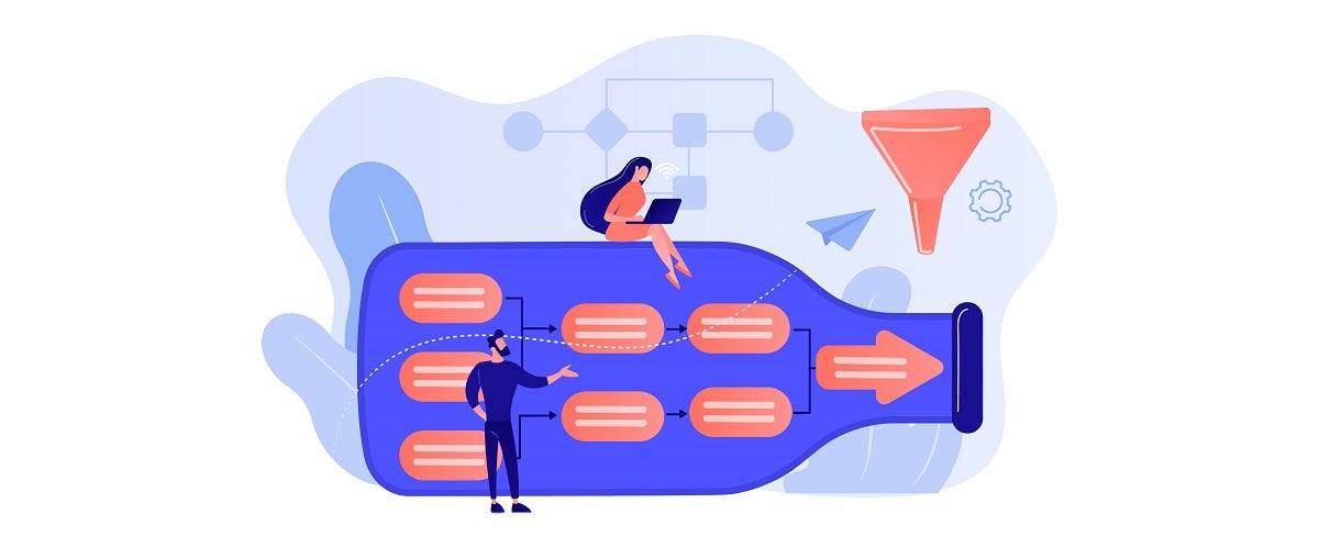 Graphic showing people looking at a system within a bottle, representing capacity analysis and the capacity buffers described in the article.