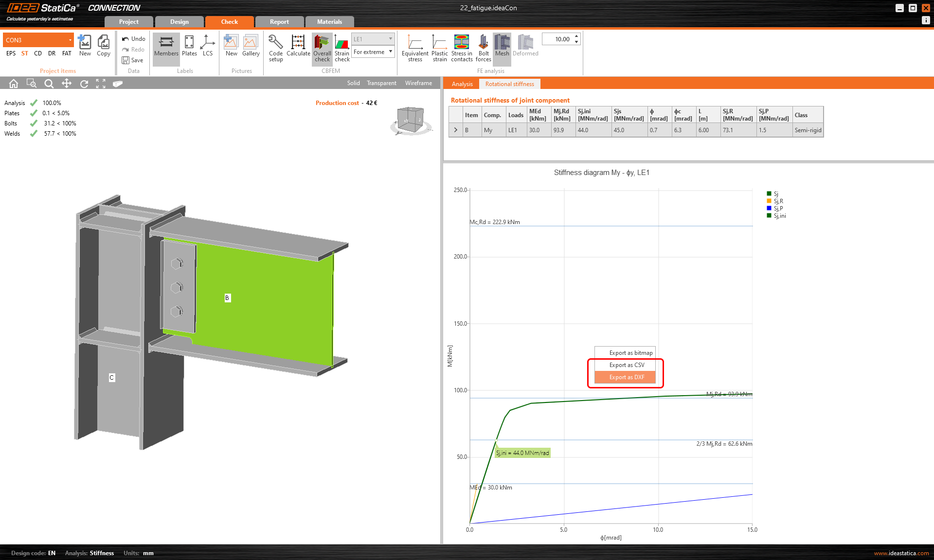 Exportación de la curva momento-rotación a CSV y DXF