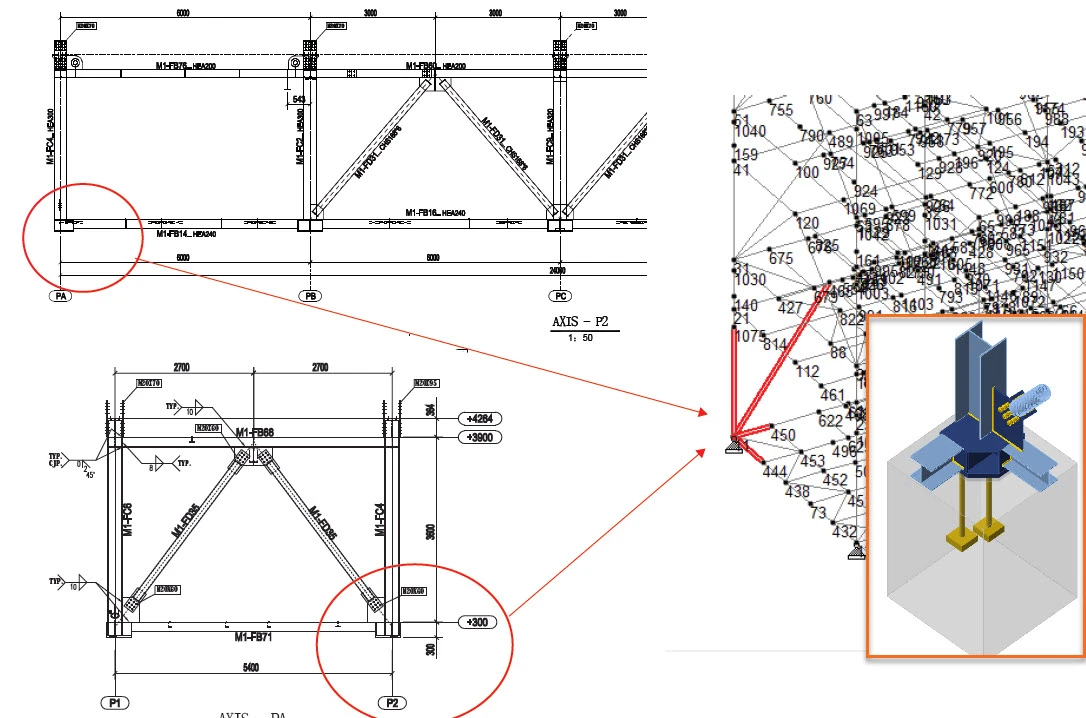 Base plate with stiffeners, two horizontal members and diagonal bracing in IDEA StatiCa
