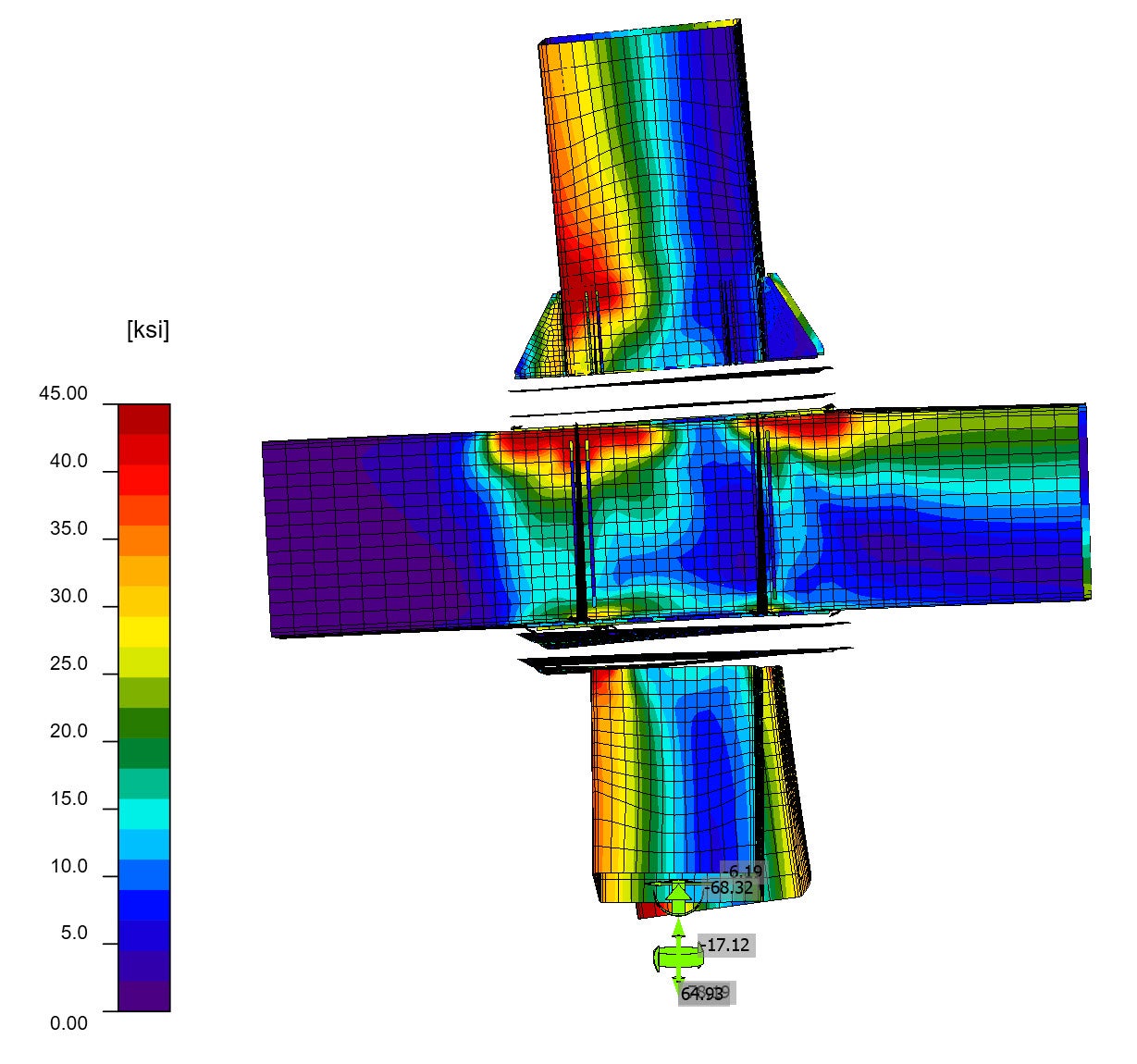 Equivalent stress contours in a Knuckle connection - Deformed connection view