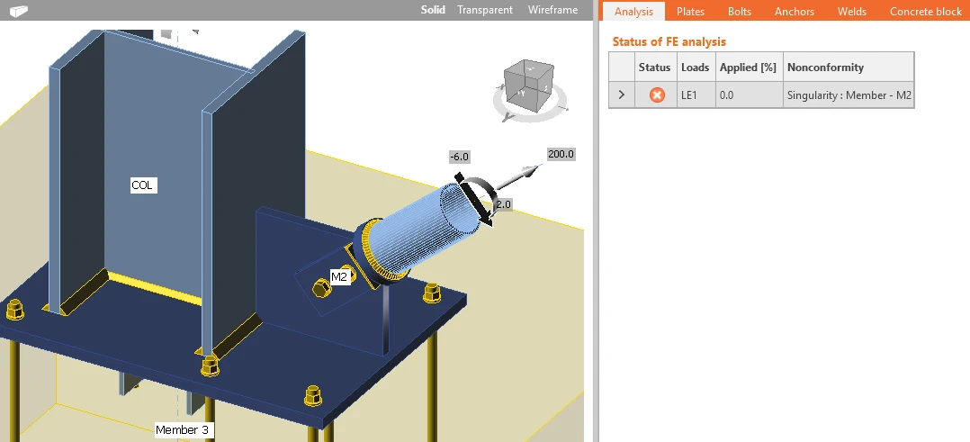 The finite element analysis might not converge due to some element that is not sufficiently supported and can freely move or rotate. Analysis for the structural design of complex welded and bolted steel connections.