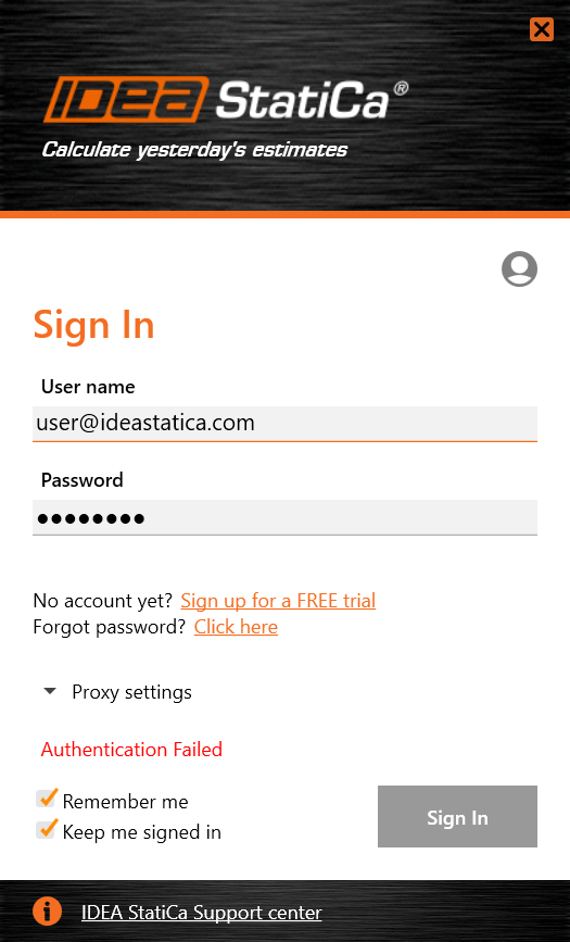 Error message – Authentication Failed
