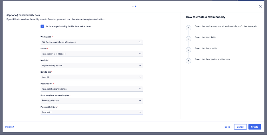 Mapping dialog for explainability results.
