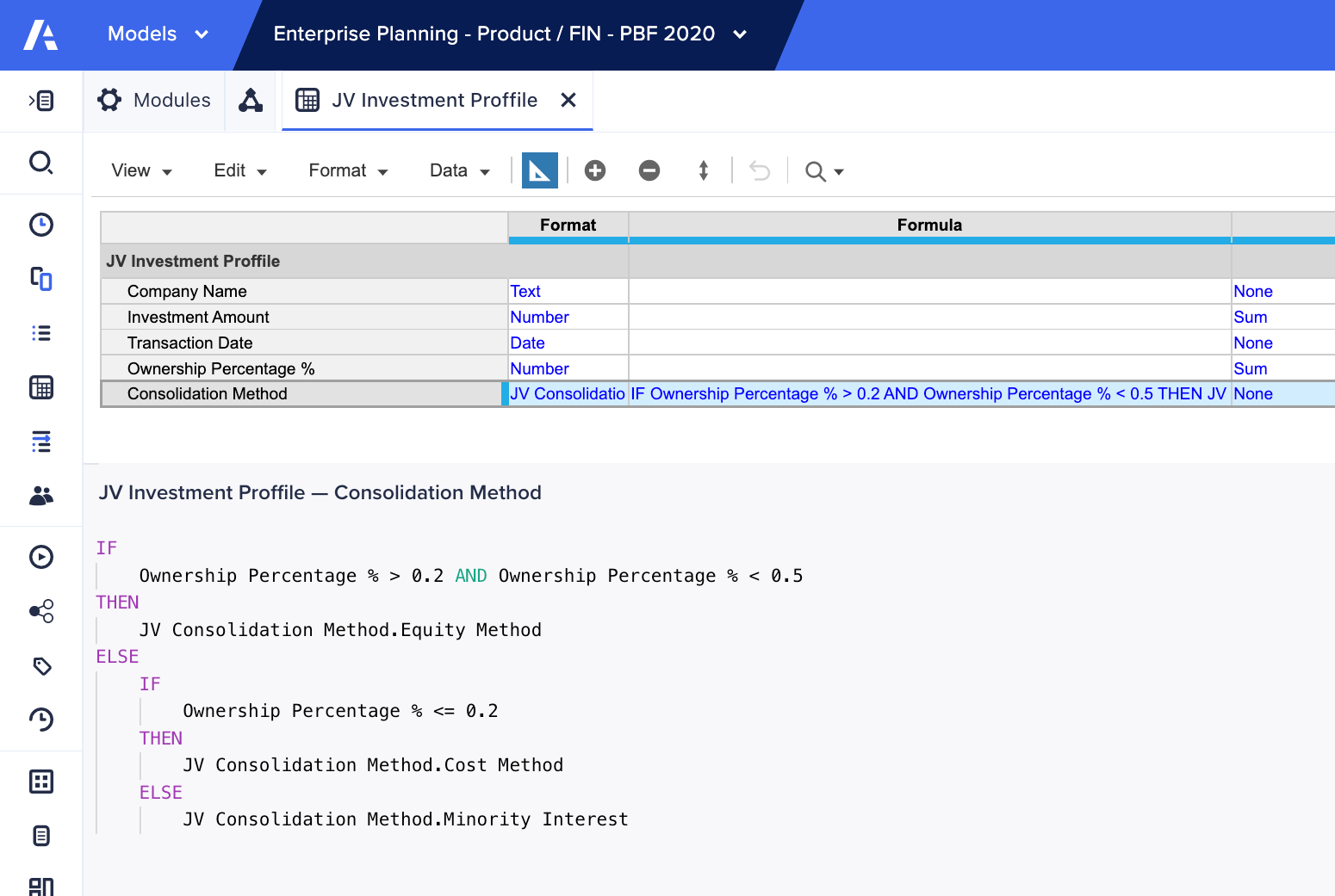 Image of the formula editor showing indented formulas