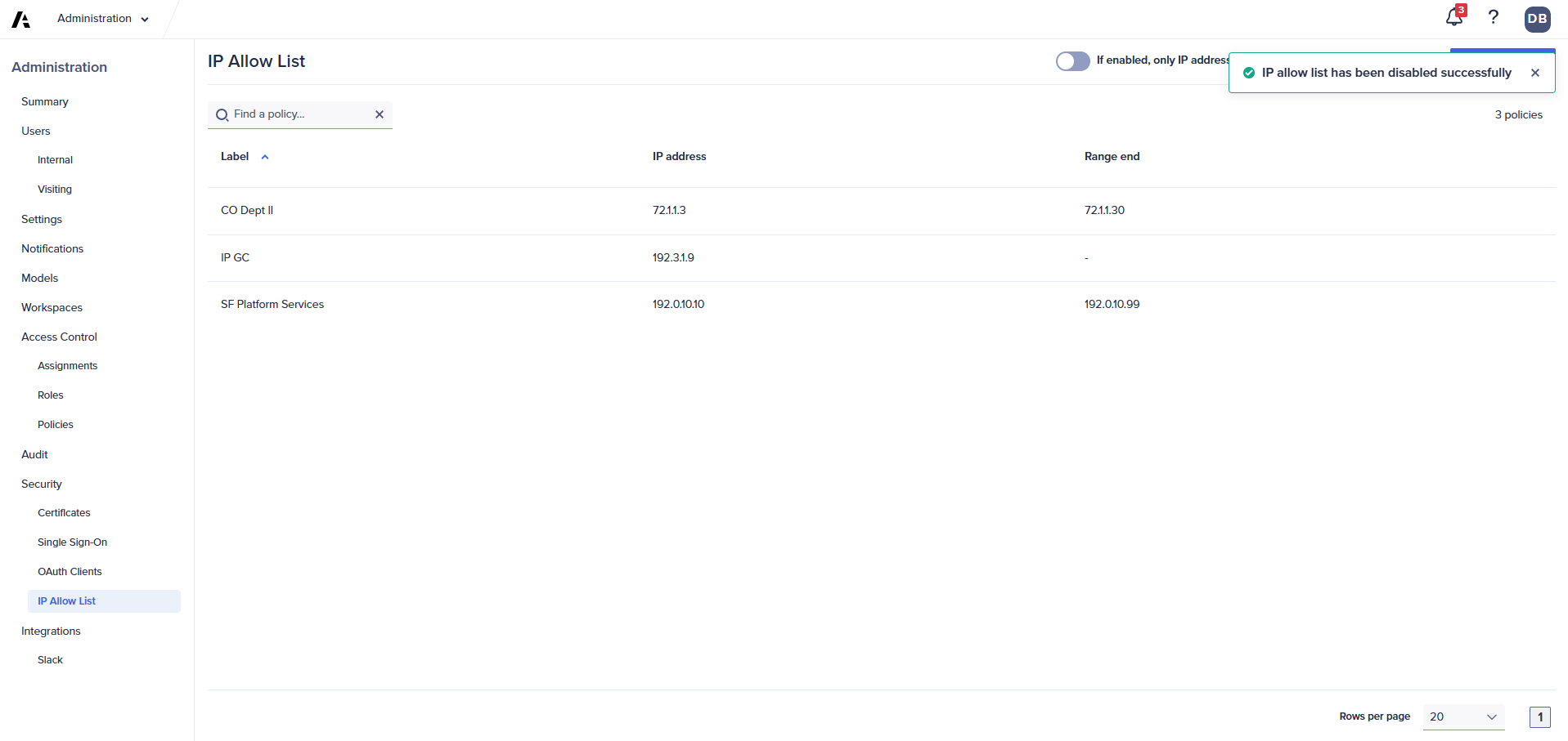 This image shows the IP allowlist is disabled.