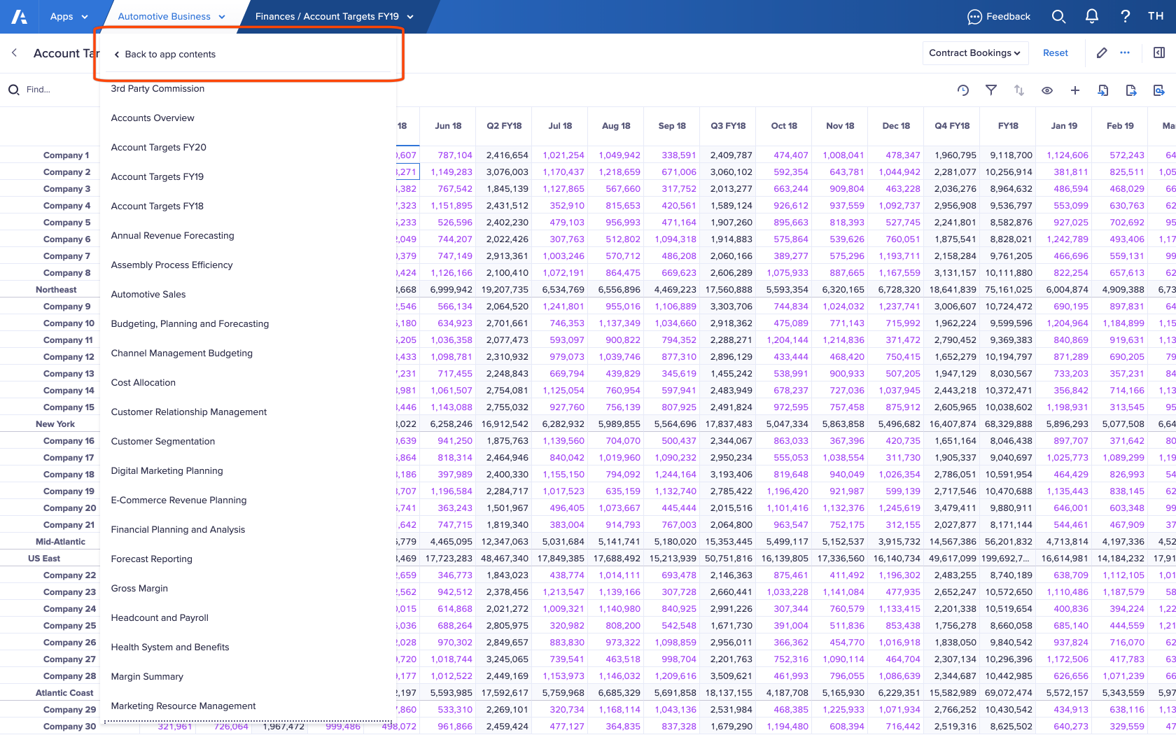 ページが開いている状態で現在のアプリの名前をクリックすることでアクセスするドロップダウン。ドロップダウンの一番上には [アプリのコンテンツに戻る] というオプションが表示されています。