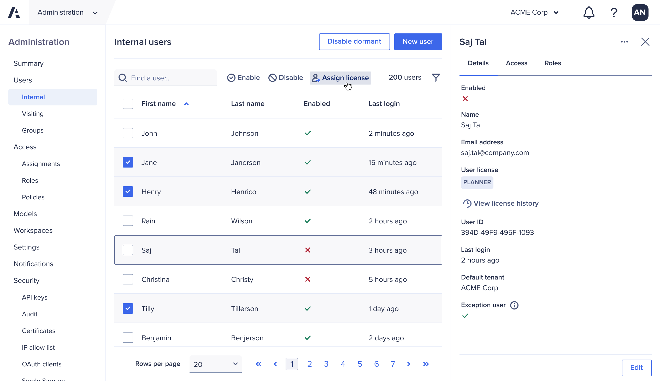 The Internal users page with multiple users selected to assign them a license.