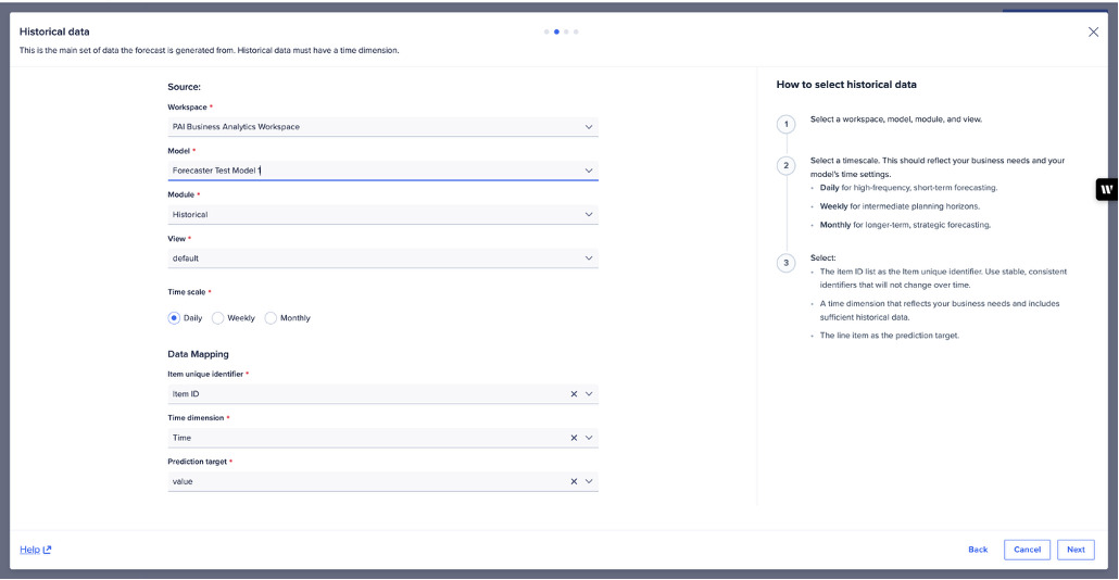 Example of a setup for a Forecaster historical data module, with dimensions. 