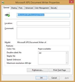 The menu for print properties.