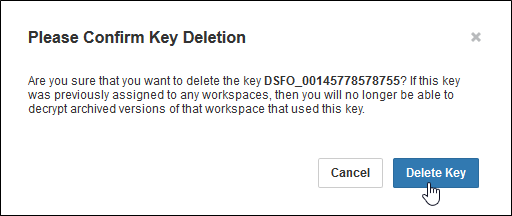 Popup asking you to confirm deletion of an encryption key