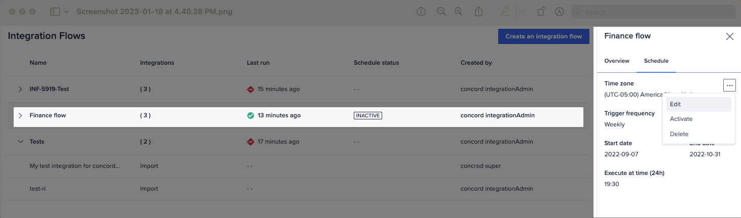 The dropdown to edit, activate or delete an integration flow schedule.