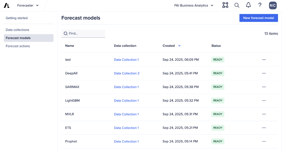 A list of forecast models and the related information for each model, such as run status.