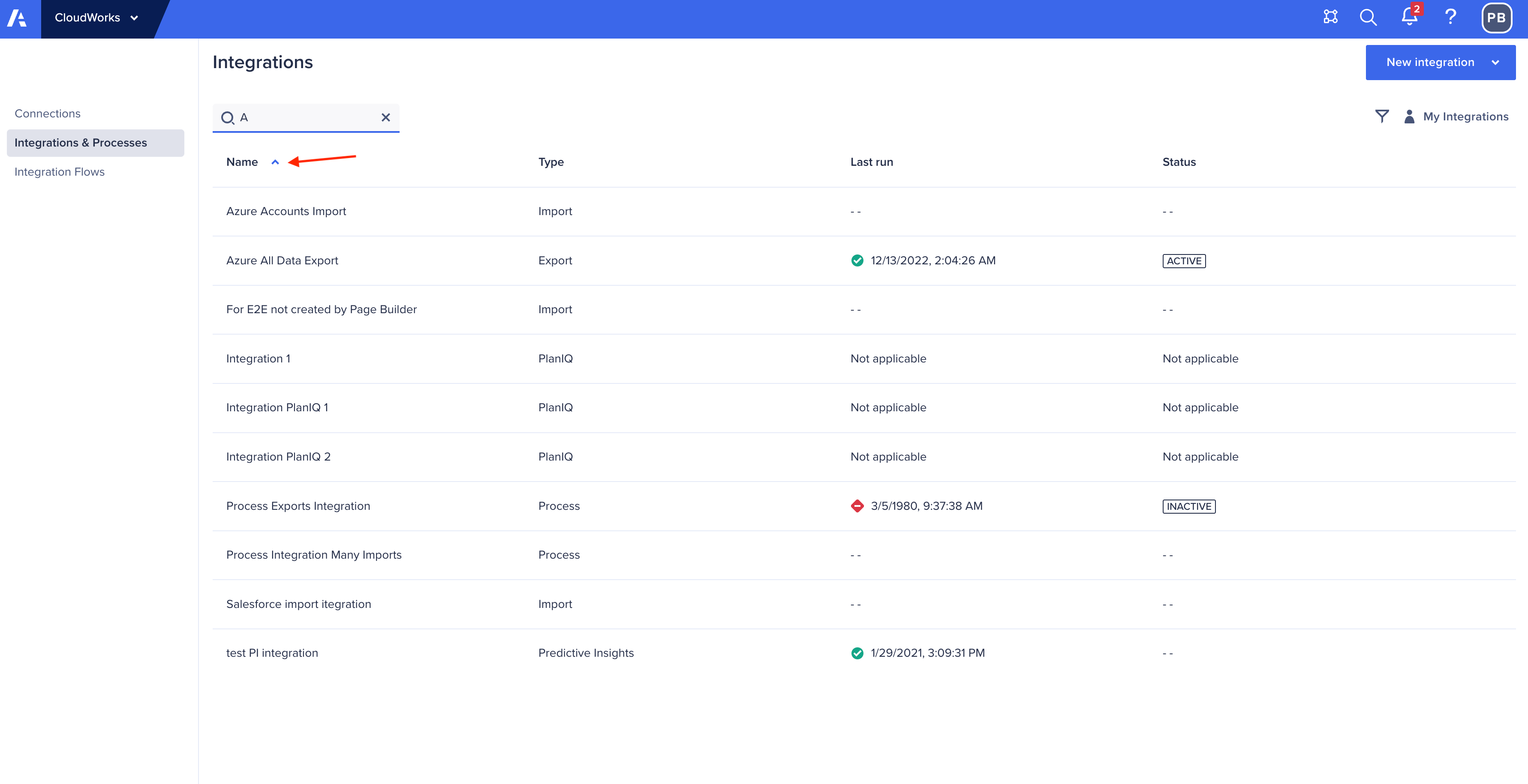 統合の検索と並べ替えの操作。この例では、昇順と上向き山形記号が表示されています。
