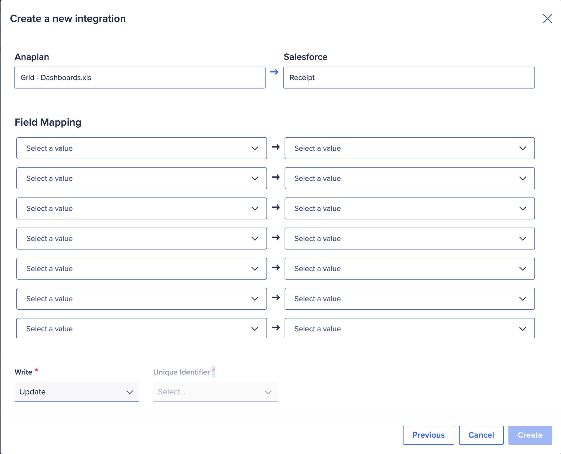 The export mapping dialog. Anaplan and Salesforce are the names of the two columns to be mapped per row.