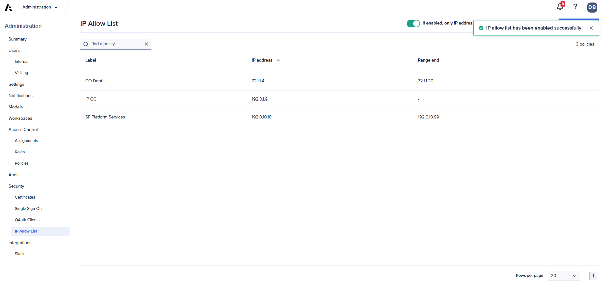 This image shows the IP allowlist is enabled.