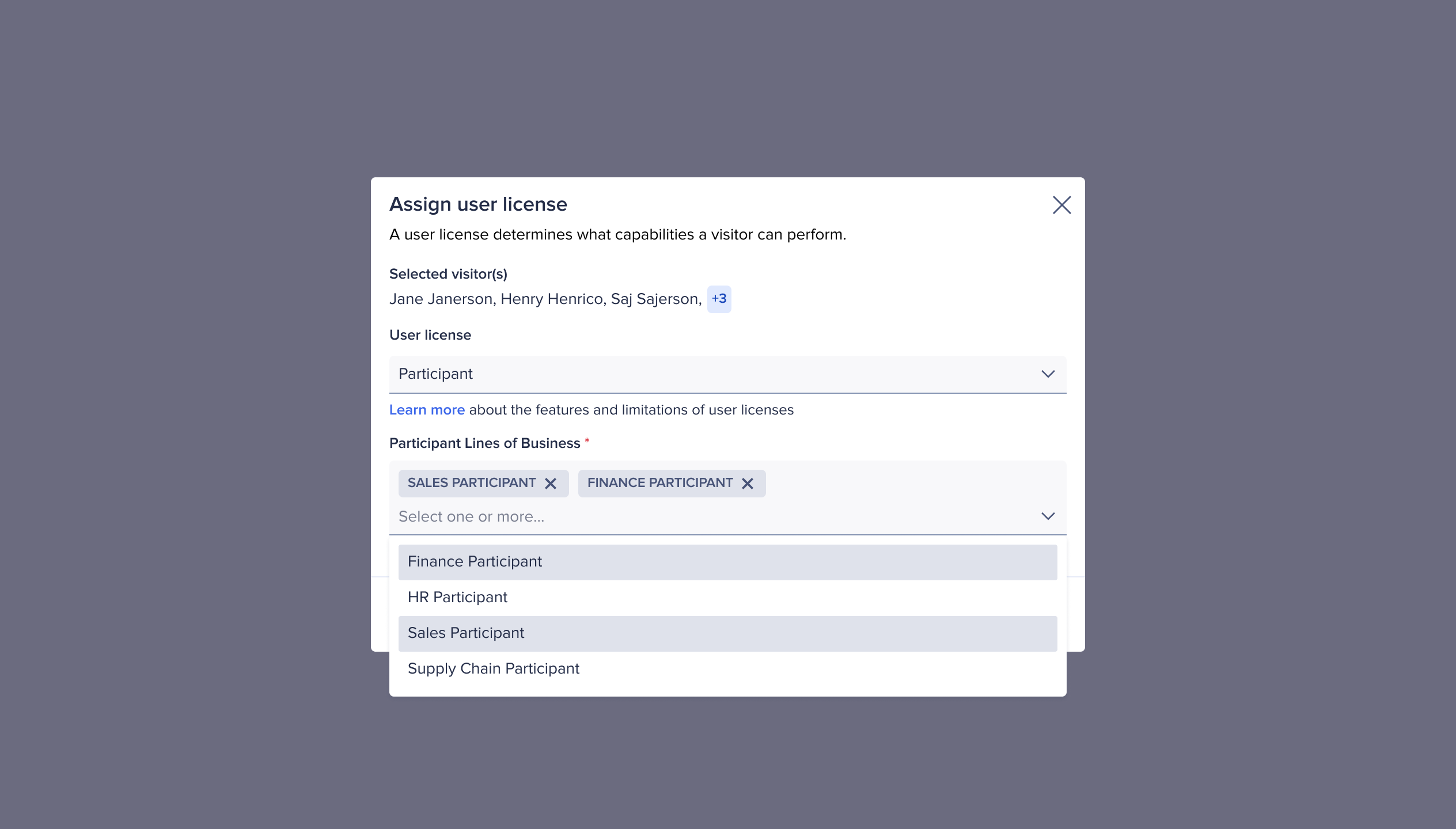 The Assign user license dialog with multiple Participant Lines of Business selected.