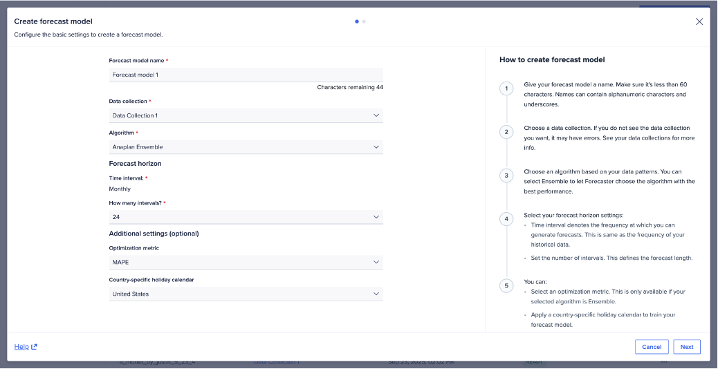 Example of a set up to create a forecast model.