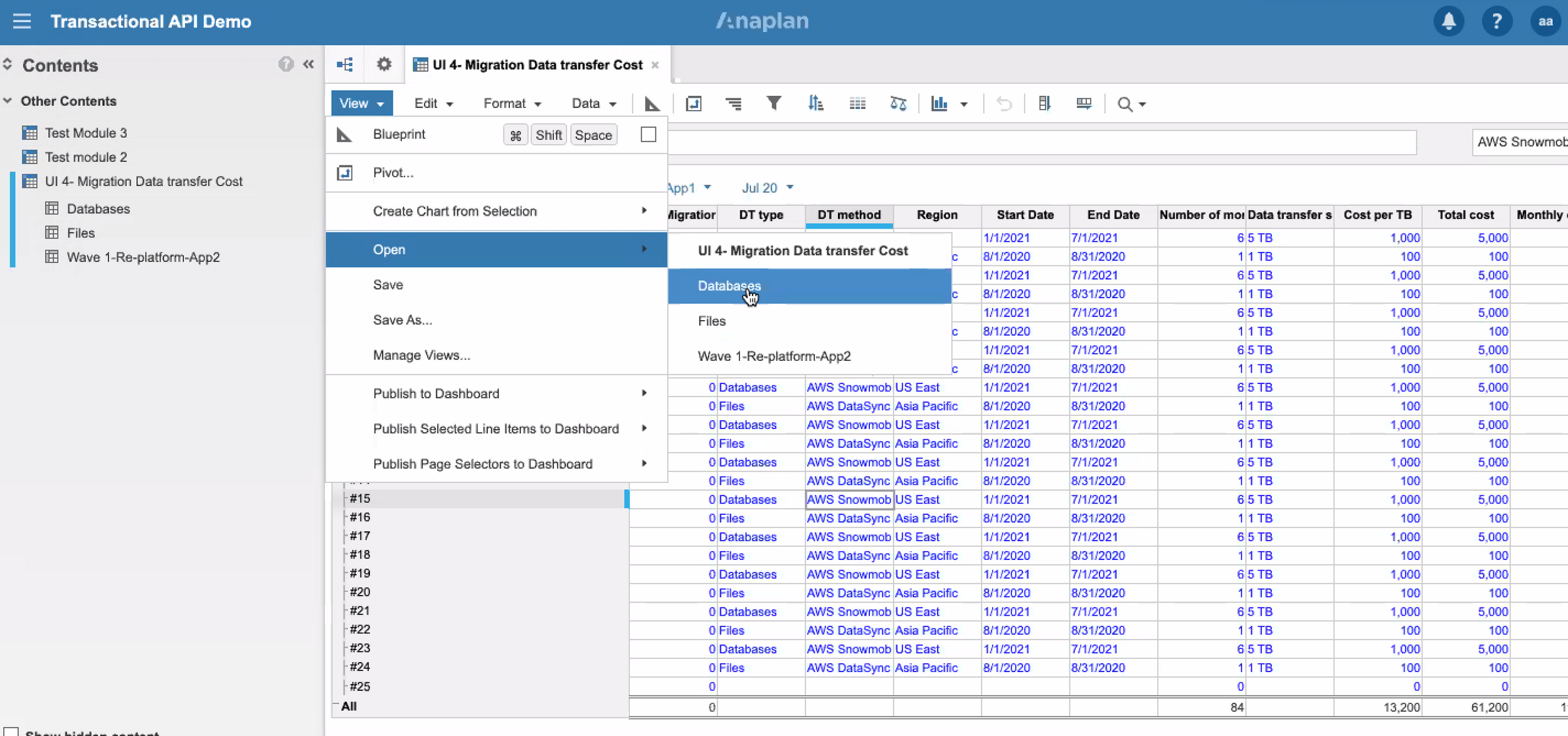 Screenshot showing detailed metrics of Line Items in an Anaplan model of data the could be used to enforce model governance