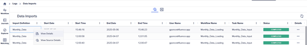 View details of a data import log