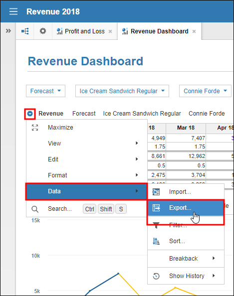 Dashboard element menu selcted with Data > Export options highlighted.