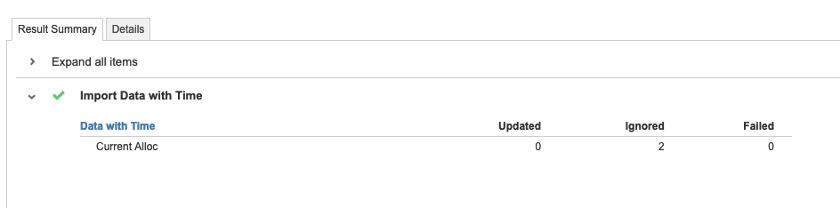 A screenshot that shows how the import ignored two data lines.