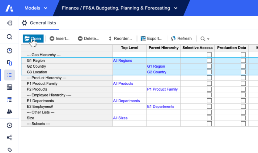 General lists screen with three lists selected.