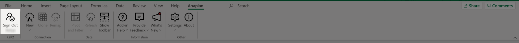 [Sign Out] は [Anaplan] リボンの左側にあります。