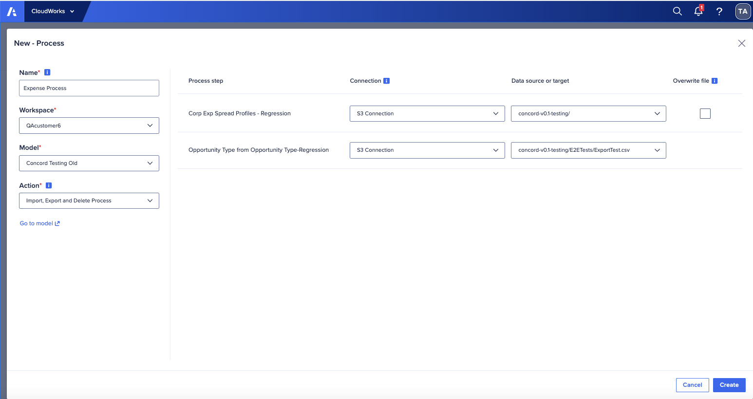 CloudWorks new process screen.