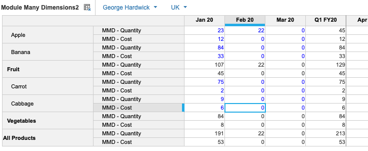 「Module Many Dimensions2」モジュールでピボットされている「Product」ディメンションの例。ビューにはライン アイテムとともにディメンションが表示されています。