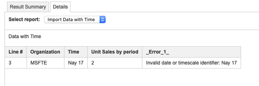 The Details tab shows where the Import Data with Time error occurs in line 3.