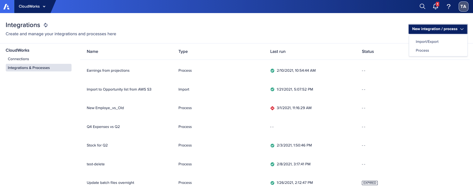 CloudWorks Integrations screen.