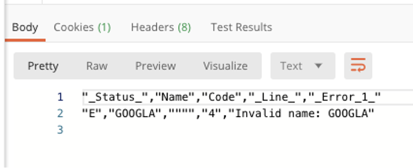 A screenshot that shows the API dump with an error.