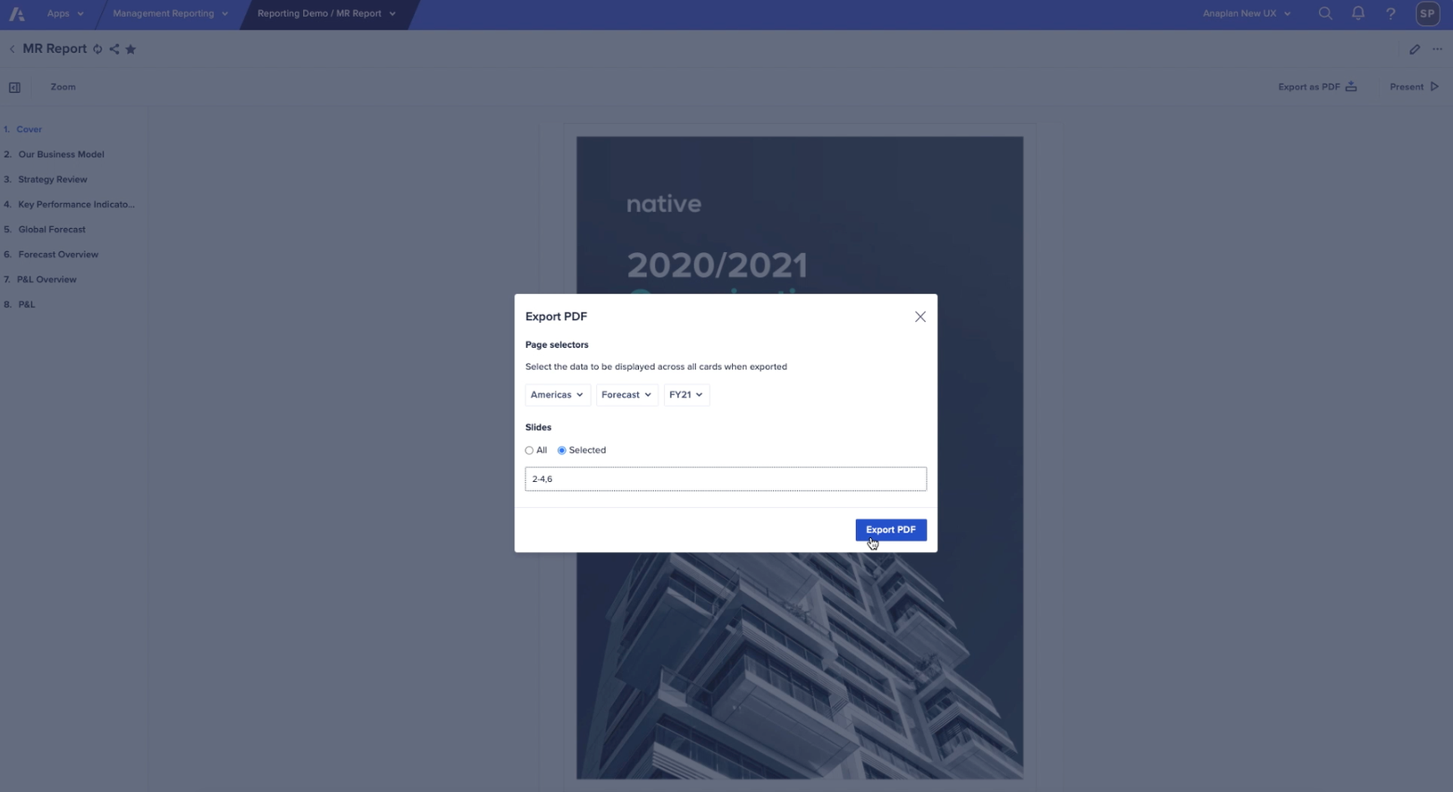 Export report slides into PDF format.