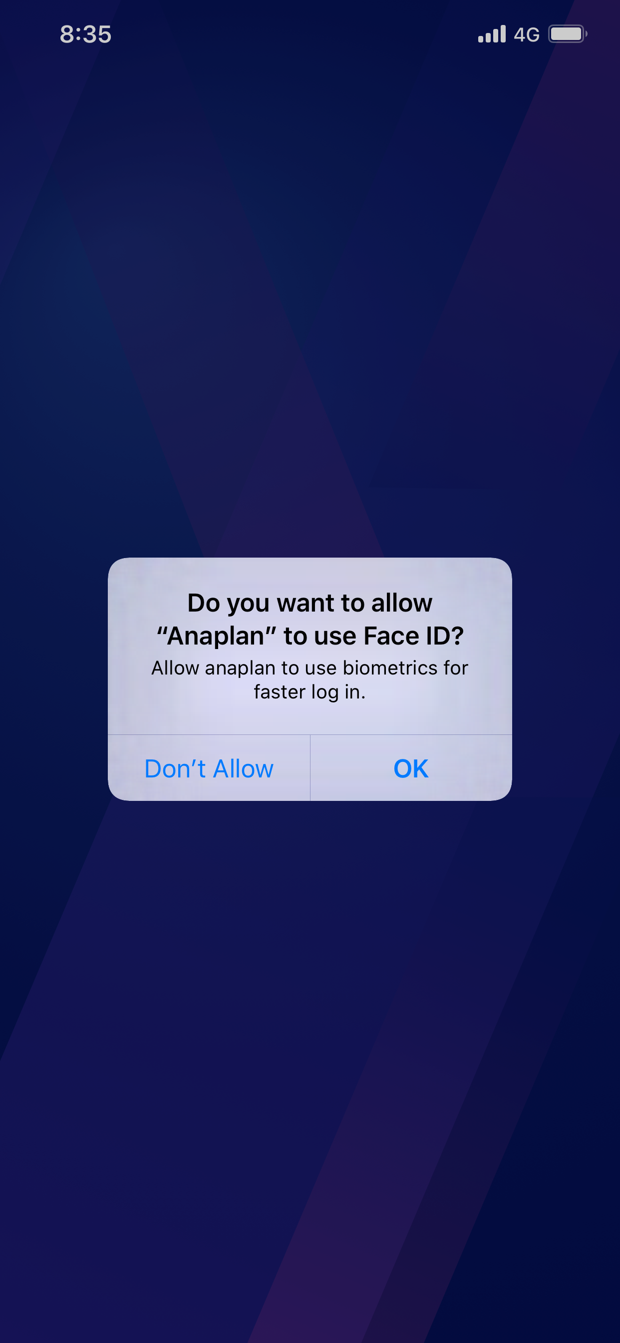 [Enable Face ID] ダイアログ。選択肢は以下の通りです。[Don't Allow] と [OK]。