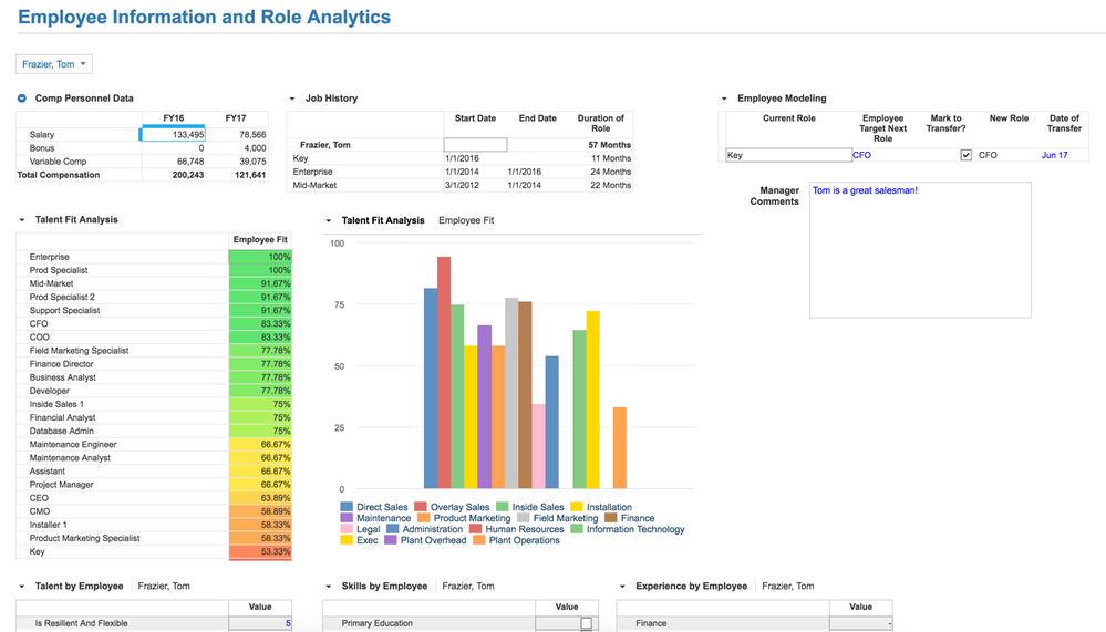 Have an in-depth look at an individual employees work history, compensation, attributes & skills, as well as how well they fit with other jobs within the company for transfer.