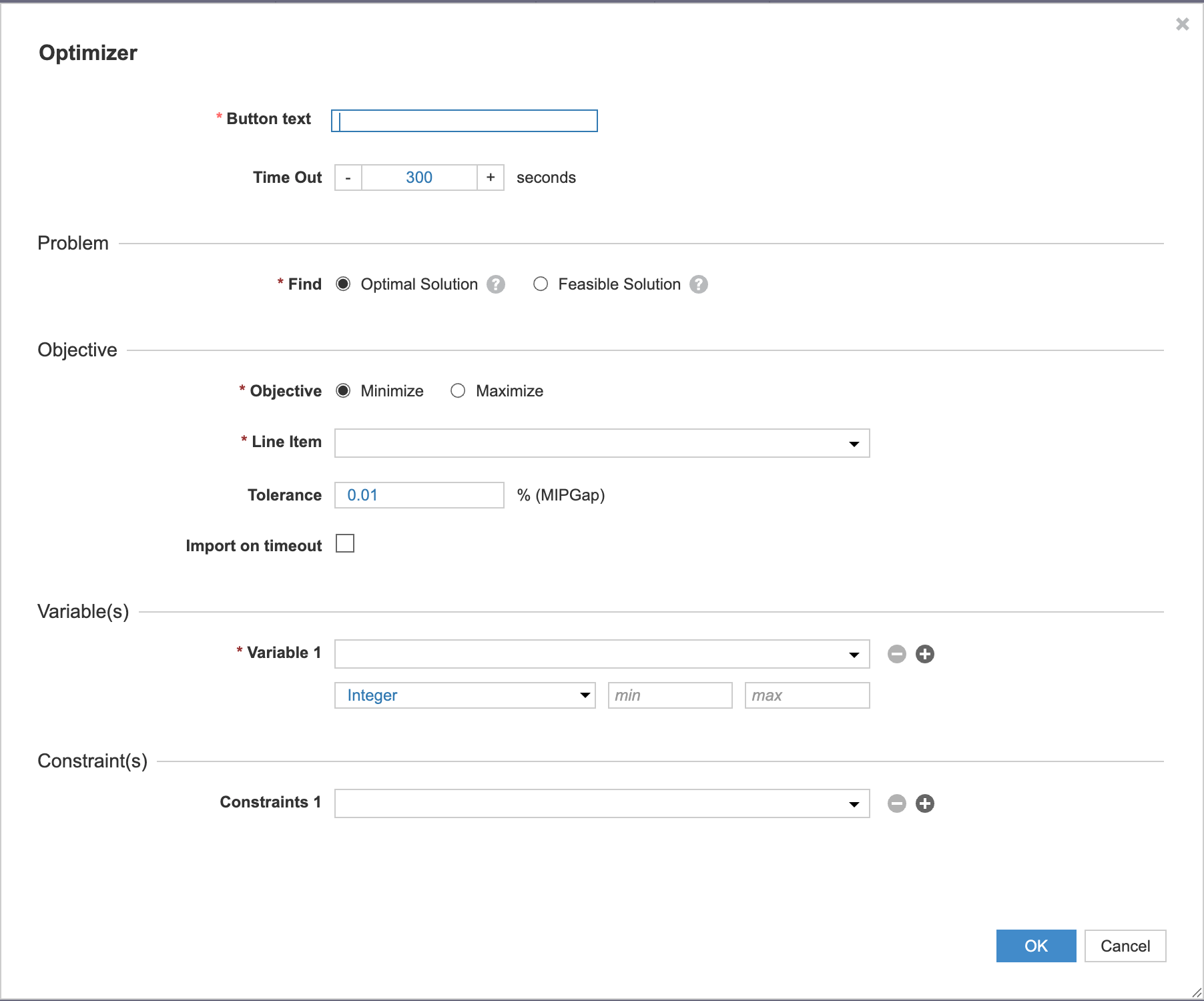 Anaplan OPtimizer action dialog