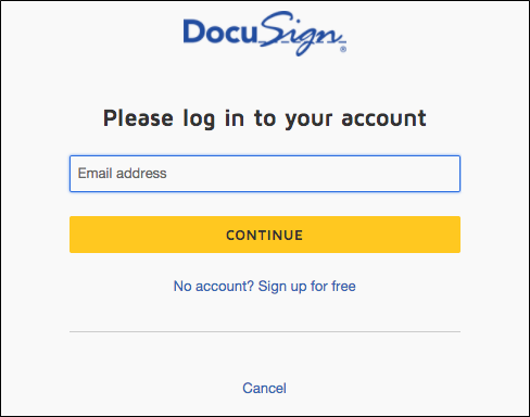 Docusign Login page with email address field and CONTINUE button