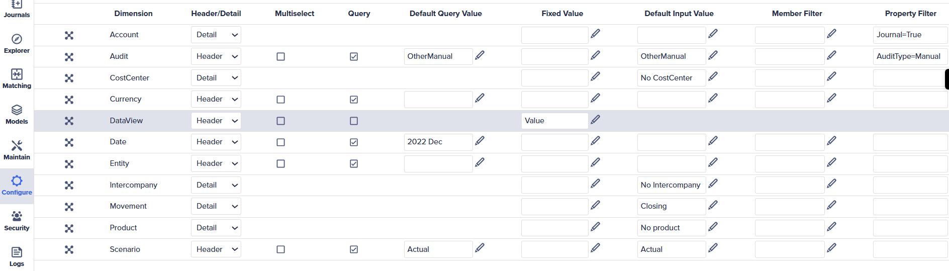 Configuring journal entries