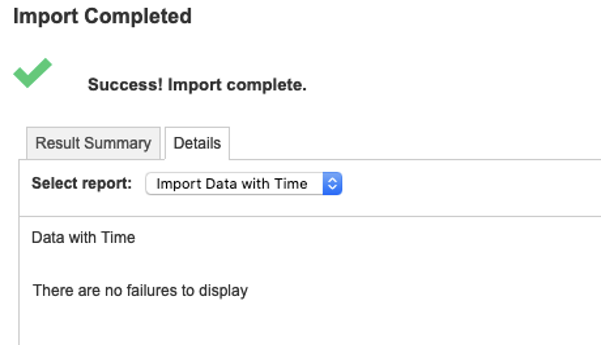 The "Details" tab that shows the import has completed successfully.