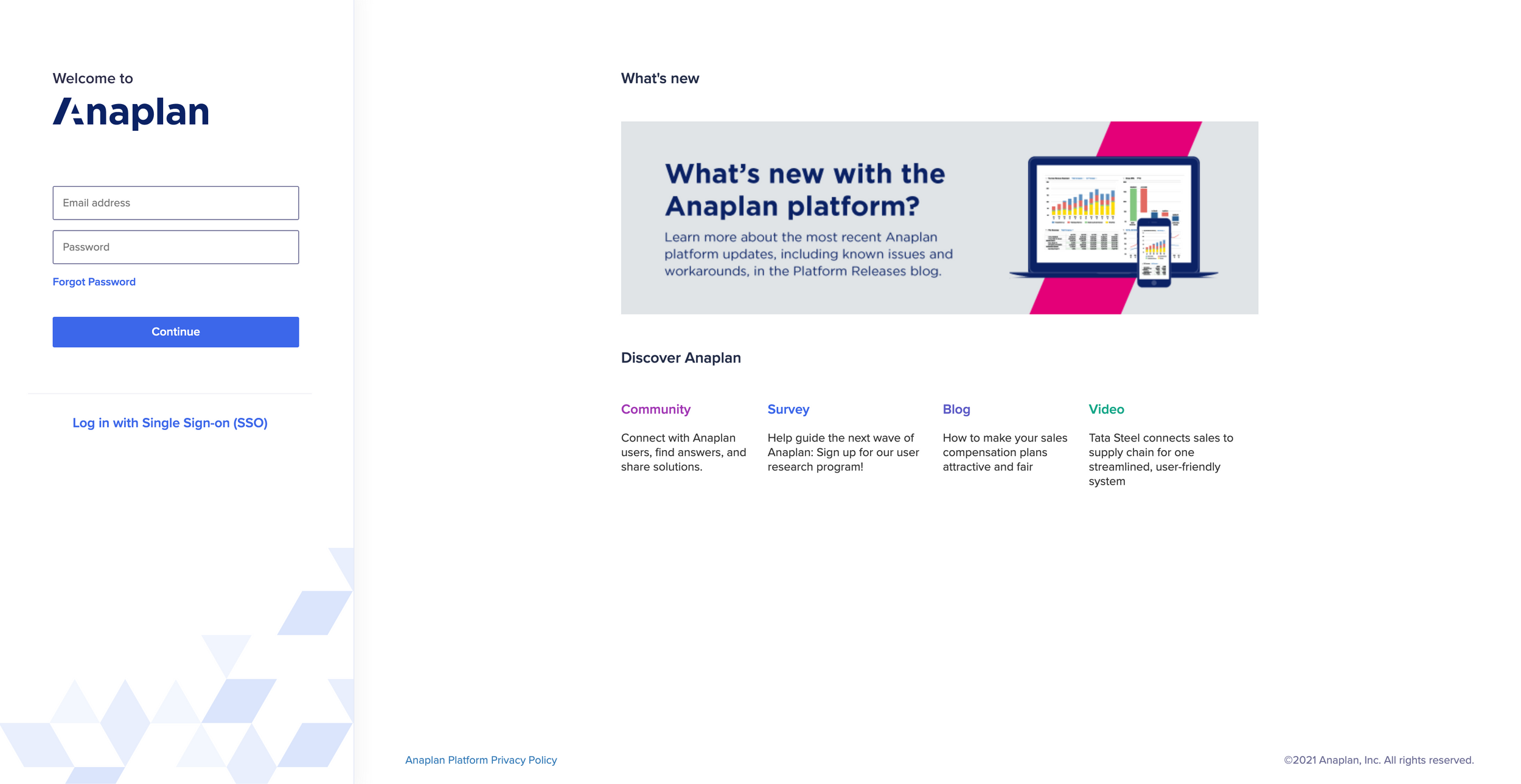 Anaplan Login screen.
